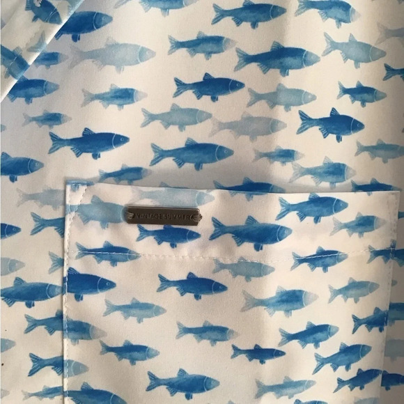 VINTAGE SUMMER
Fish Print Short Sleeve Shirt In White XXL - Picture 6 of 7